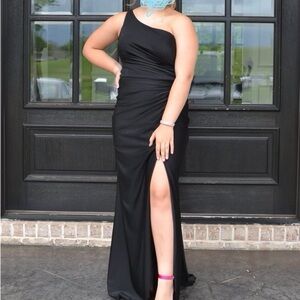 Morilee black satin prom dress.